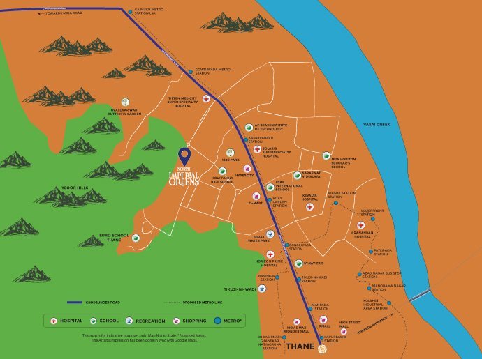 Location map showing landmarks near JP North Imperial Greens, Thane West